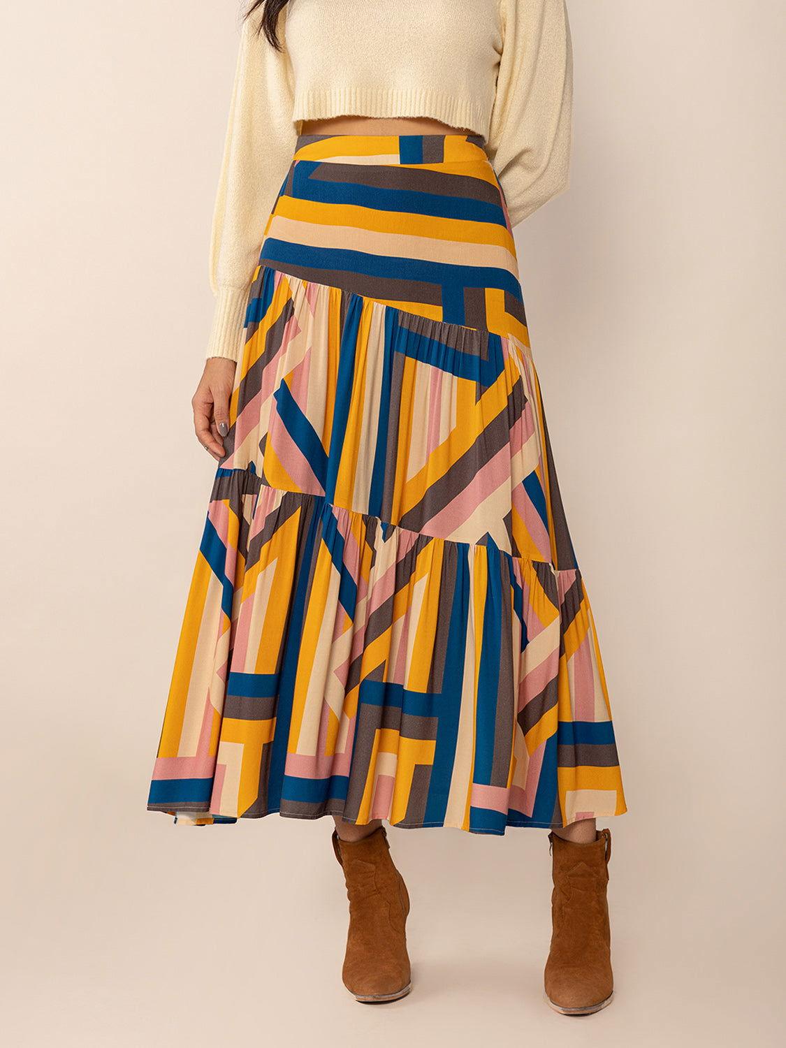 Ruched Elastic Waist Contrast Midi Skirt - Clothes For Her Online Store