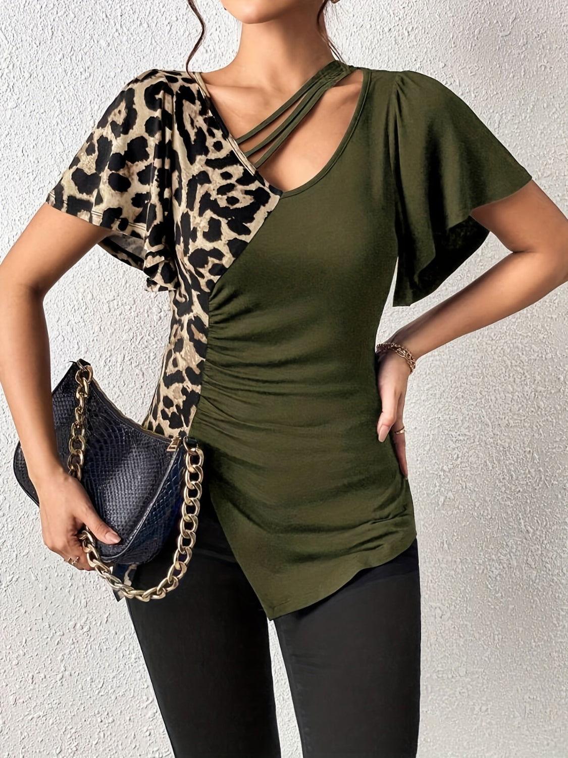 Ruched Leopard Flutter Sleeve T-Shirt - Clothes For Her Online Store