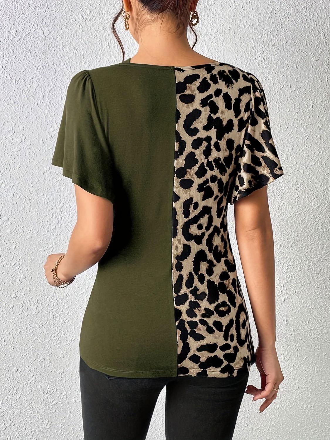 Ruched Leopard Flutter Sleeve T-Shirt - Clothes For Her Online Store