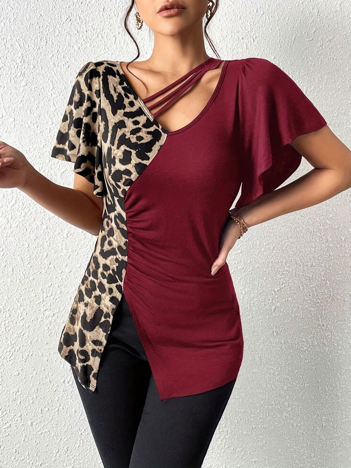 Ruched Leopard Flutter Sleeve T-Shirt - Clothes For Her Online Store