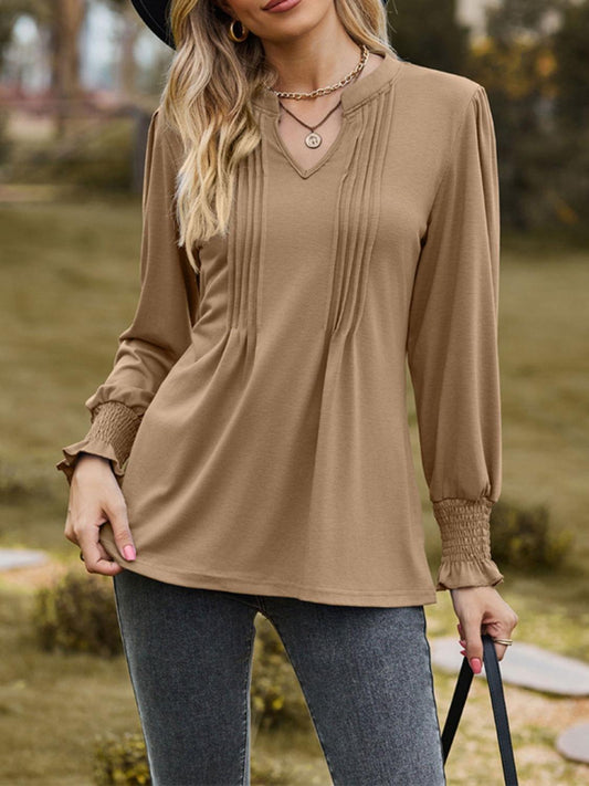 Ruched Notched Long Sleeve T-Shirt - Clothes For Her Online Store