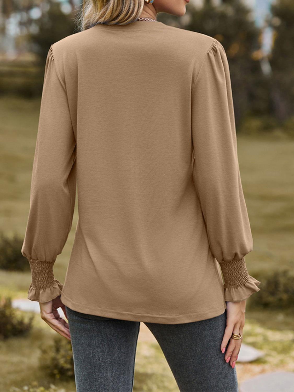 Ruched Notched Long Sleeve T-Shirt - Clothes For Her Online Store