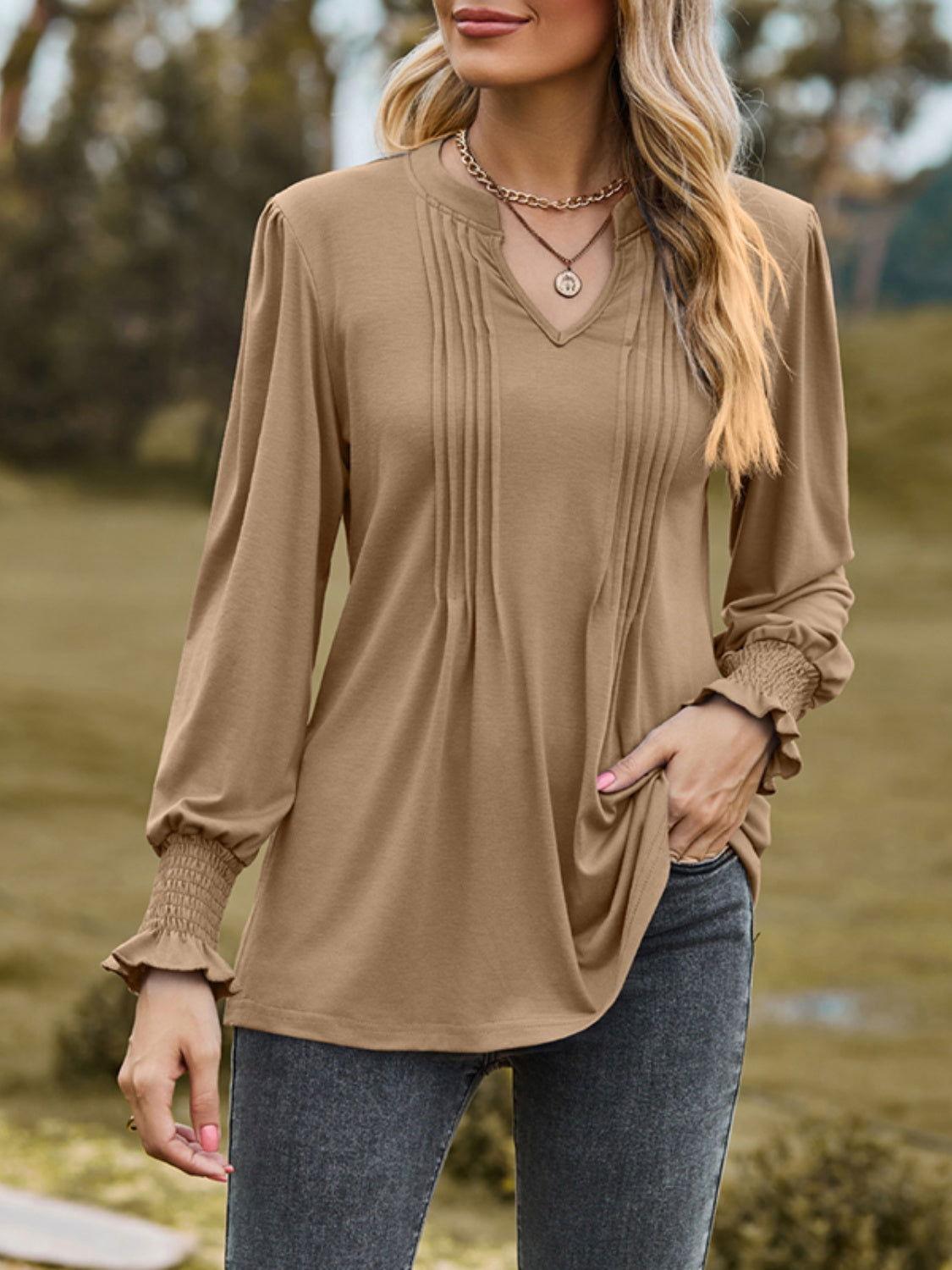 Ruched Notched Long Sleeve T-Shirt - Clothes For Her Online Store