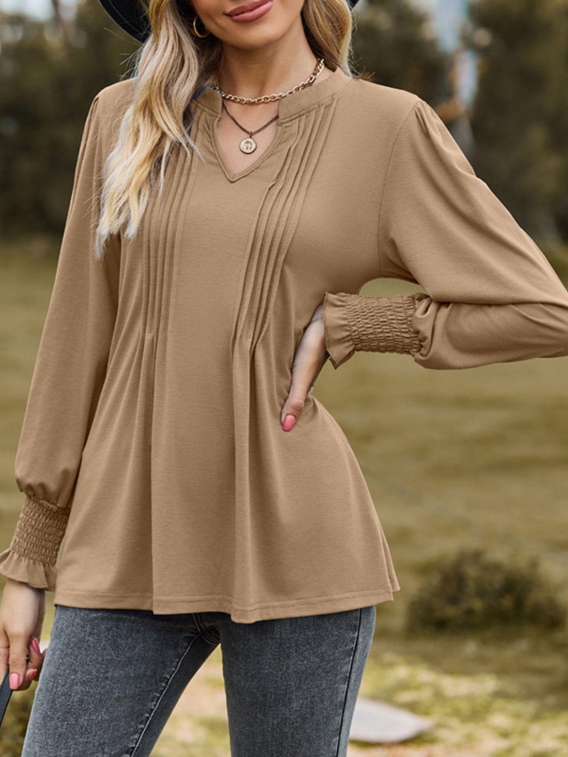 Ruched Notched Long Sleeve T-Shirt - Clothes For Her Online Store