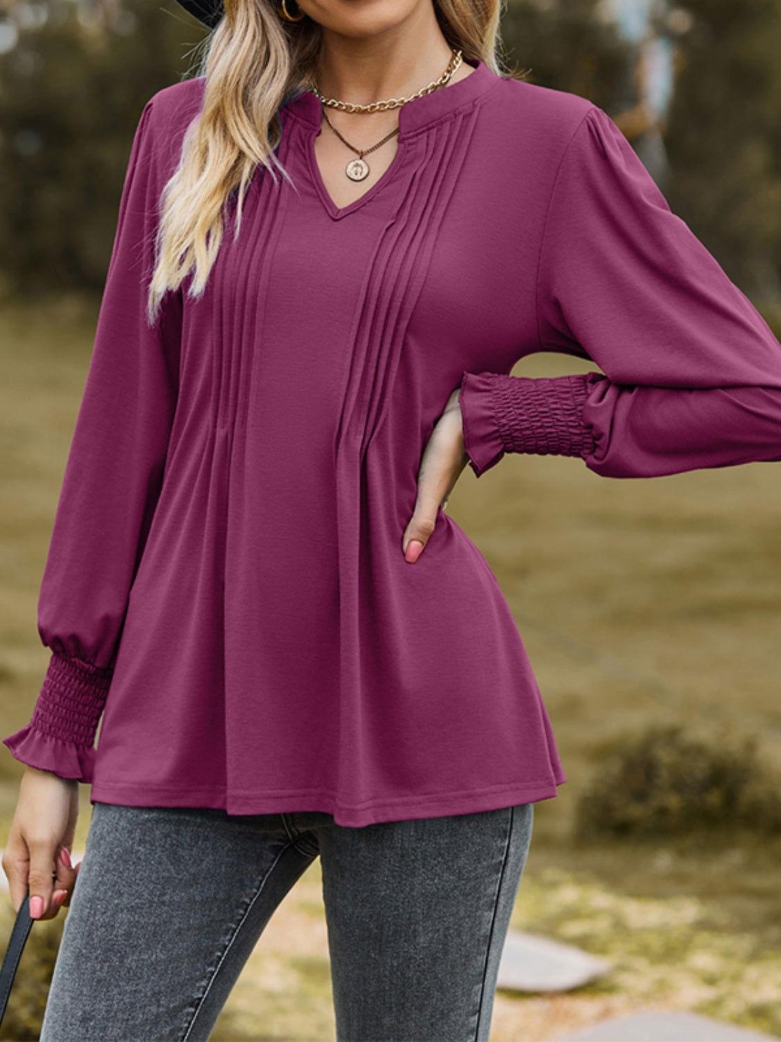 Ruched Notched Long Sleeve T-Shirt - Clothes For Her Online Store