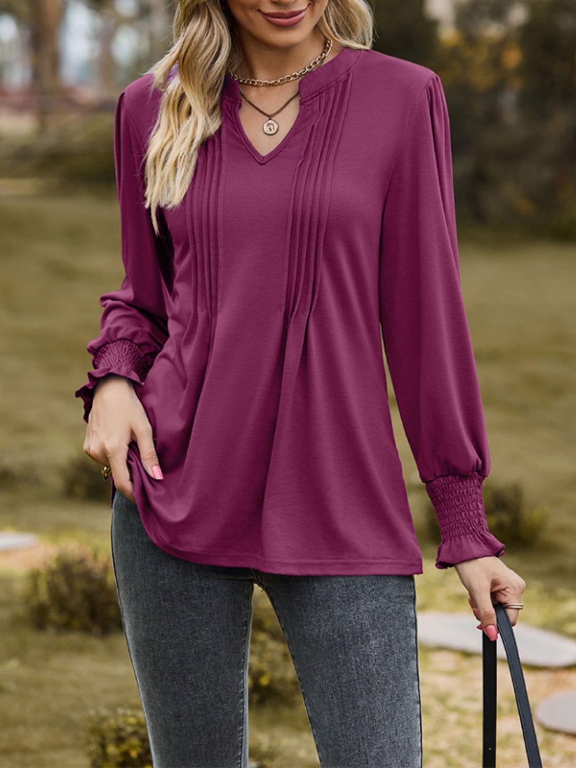 Ruched Notched Long Sleeve T-Shirt - Clothes For Her Online Store