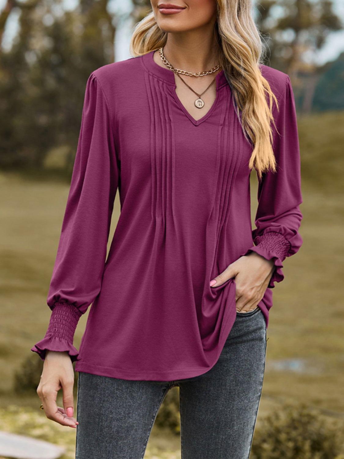Ruched Notched Long Sleeve T-Shirt - Clothes For Her Online Store