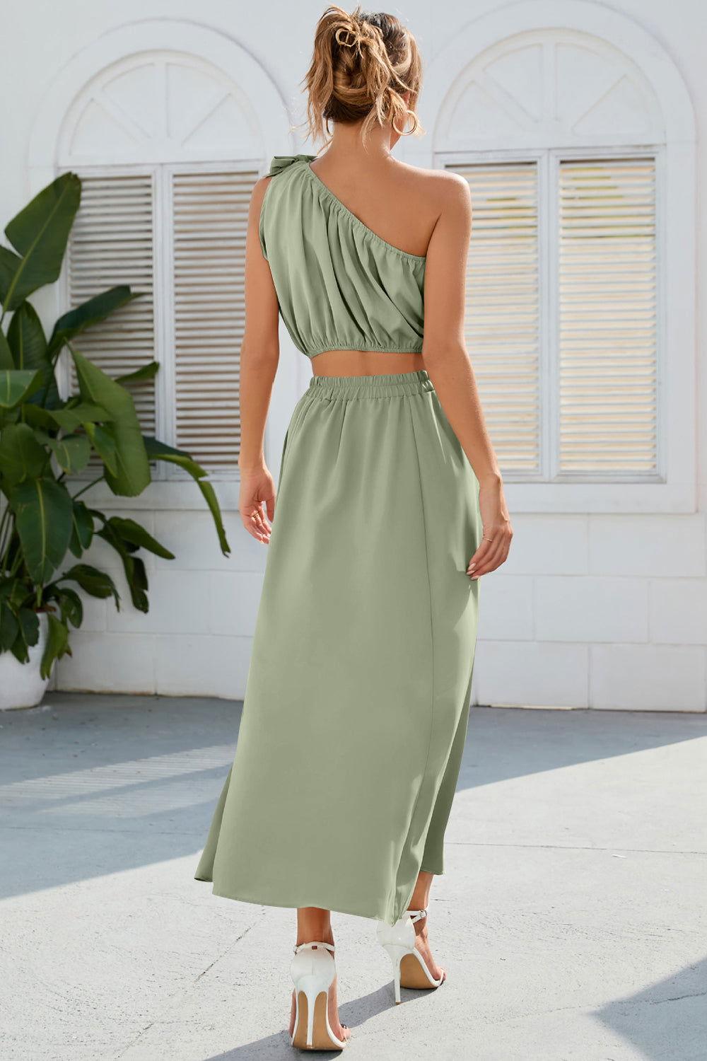 Ruched One Shoulder Top and Slit Skirt Set - Clothes For Her Online Store
