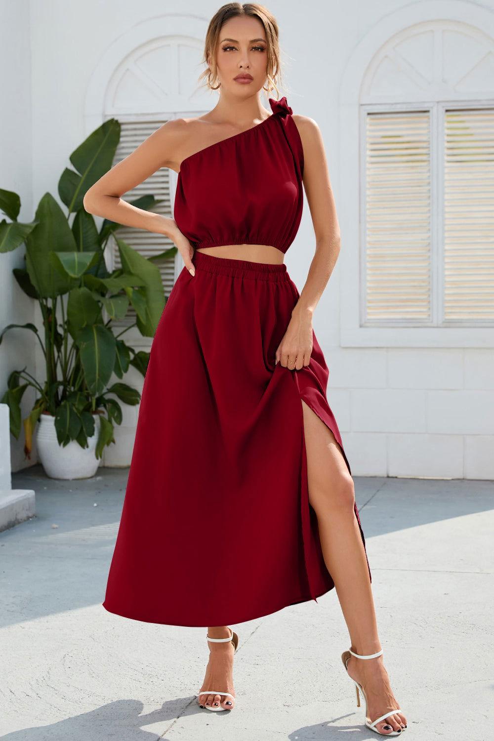 Ruched One Shoulder Top and Slit Skirt Set - Clothes For Her Online Store