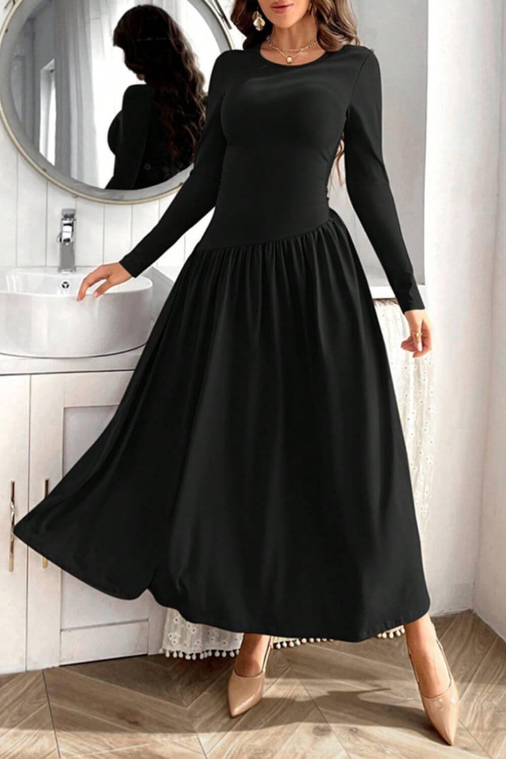 Ruched Round Neck Long Sleeve Dress - Clothes For Her Online Store