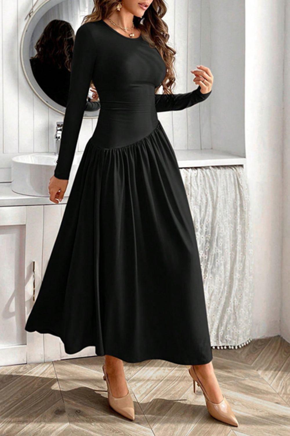 Ruched Round Neck Long Sleeve Dress - Clothes For Her Online Store