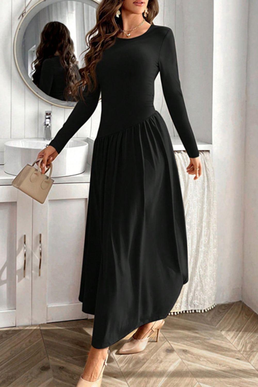 Ruched Round Neck Long Sleeve Dress - Clothes For Her Online Store