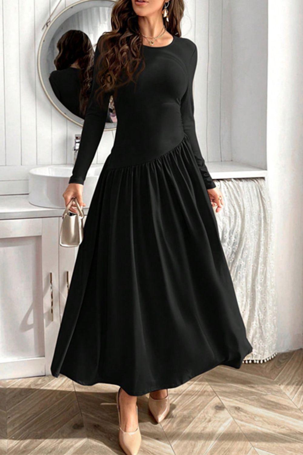 Ruched Round Neck Long Sleeve Dress - Clothes For Her Online Store