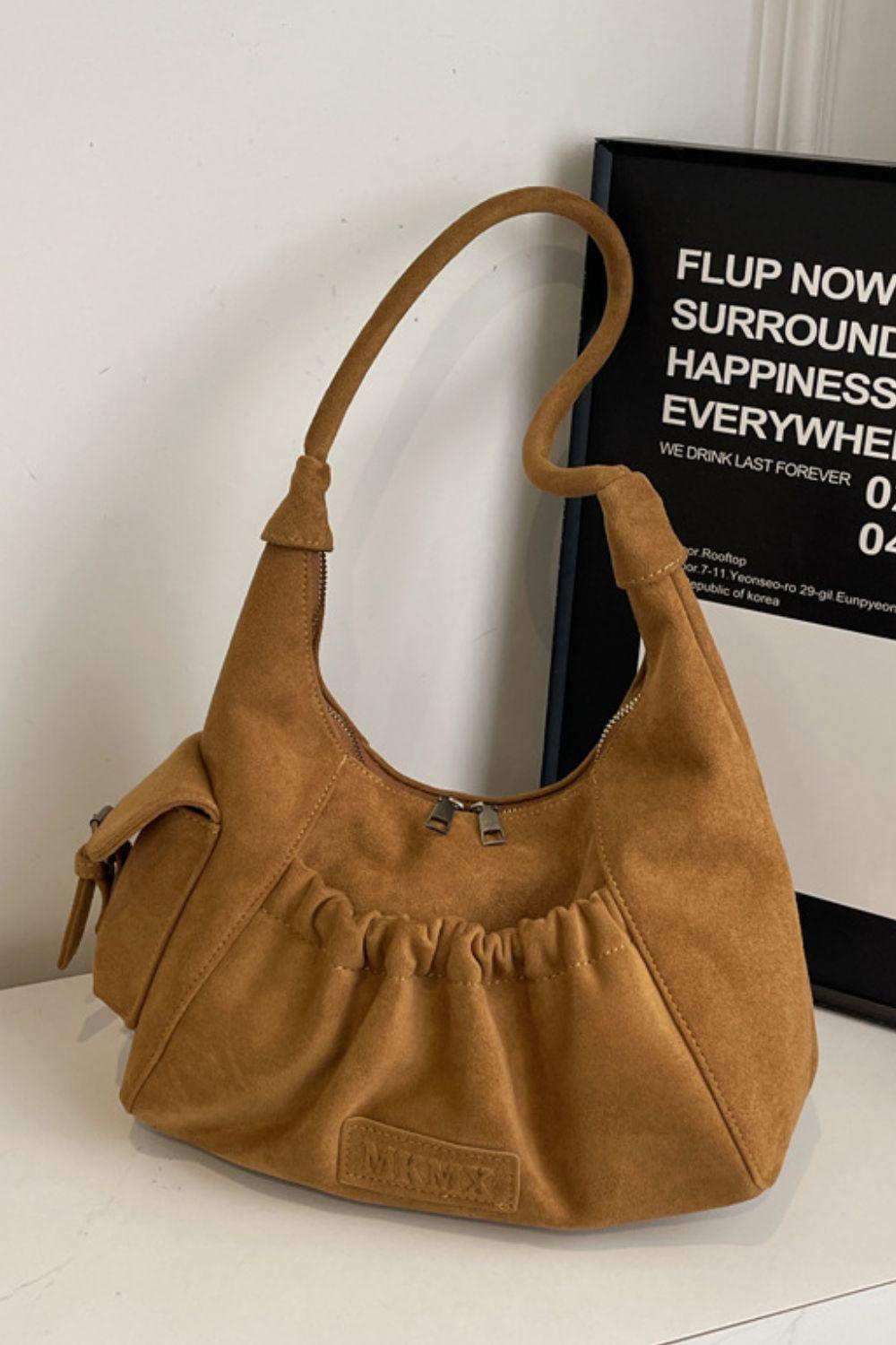 Ruched Suede Handbag with Zipper - Clothes For Her Online Store