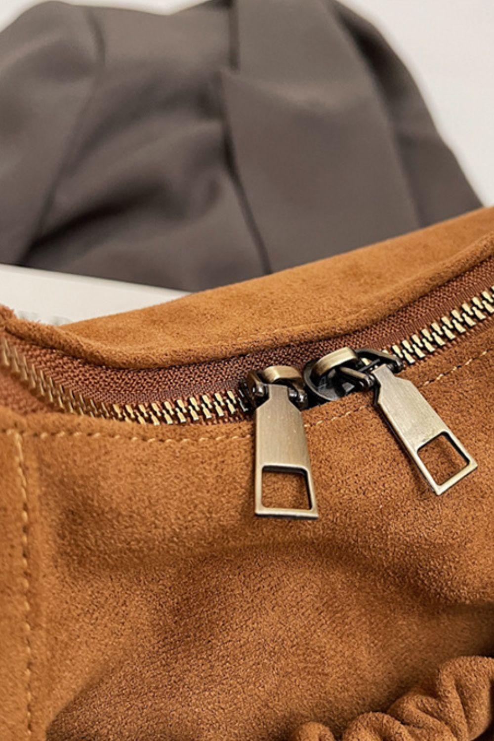 Ruched Suede Handbag with Zipper - Clothes For Her Online Store