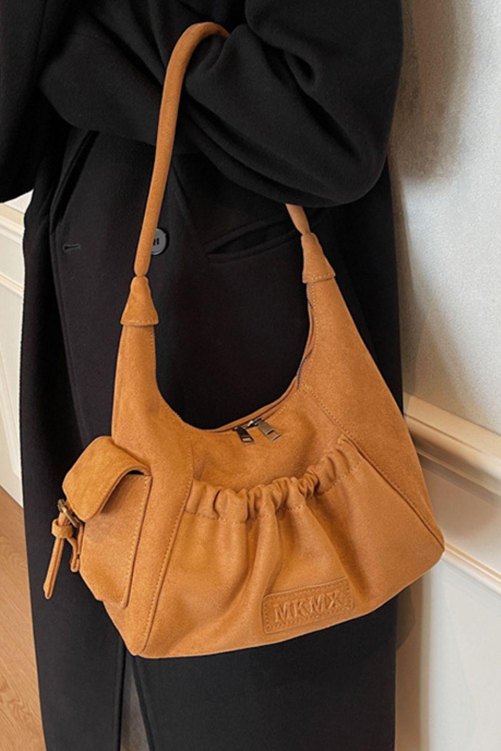 Ruched Suede Handbag with Zipper - Clothes For Her Online Store