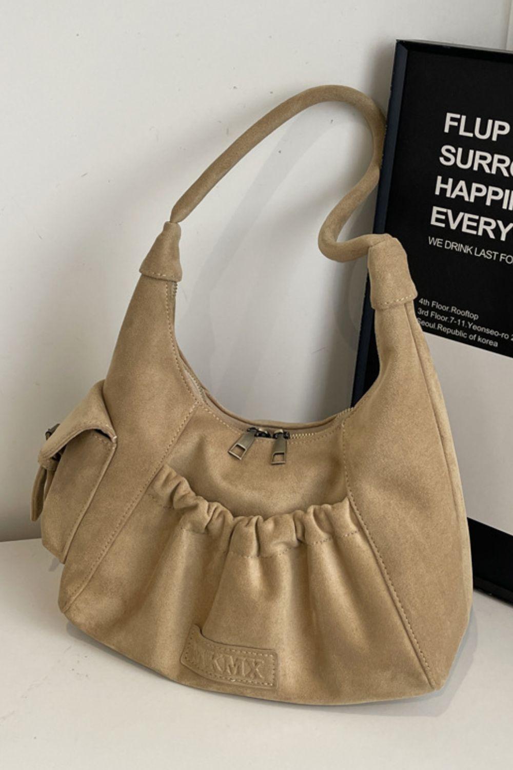Ruched Suede Handbag with Zipper - Clothes For Her Online Store
