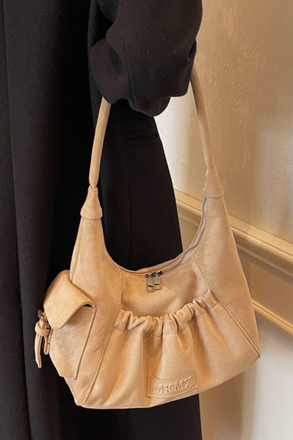 Ruched Suede Handbag with Zipper - Clothes For Her Online Store