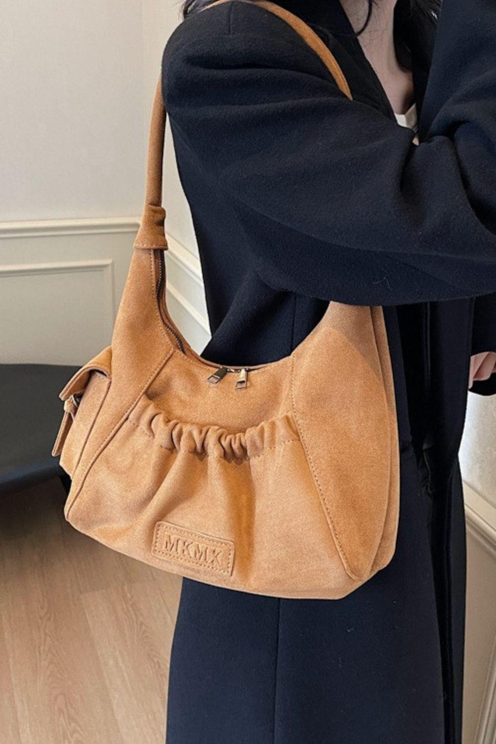 Ruched Suede Handbag with Zipper - Clothes For Her Online Store