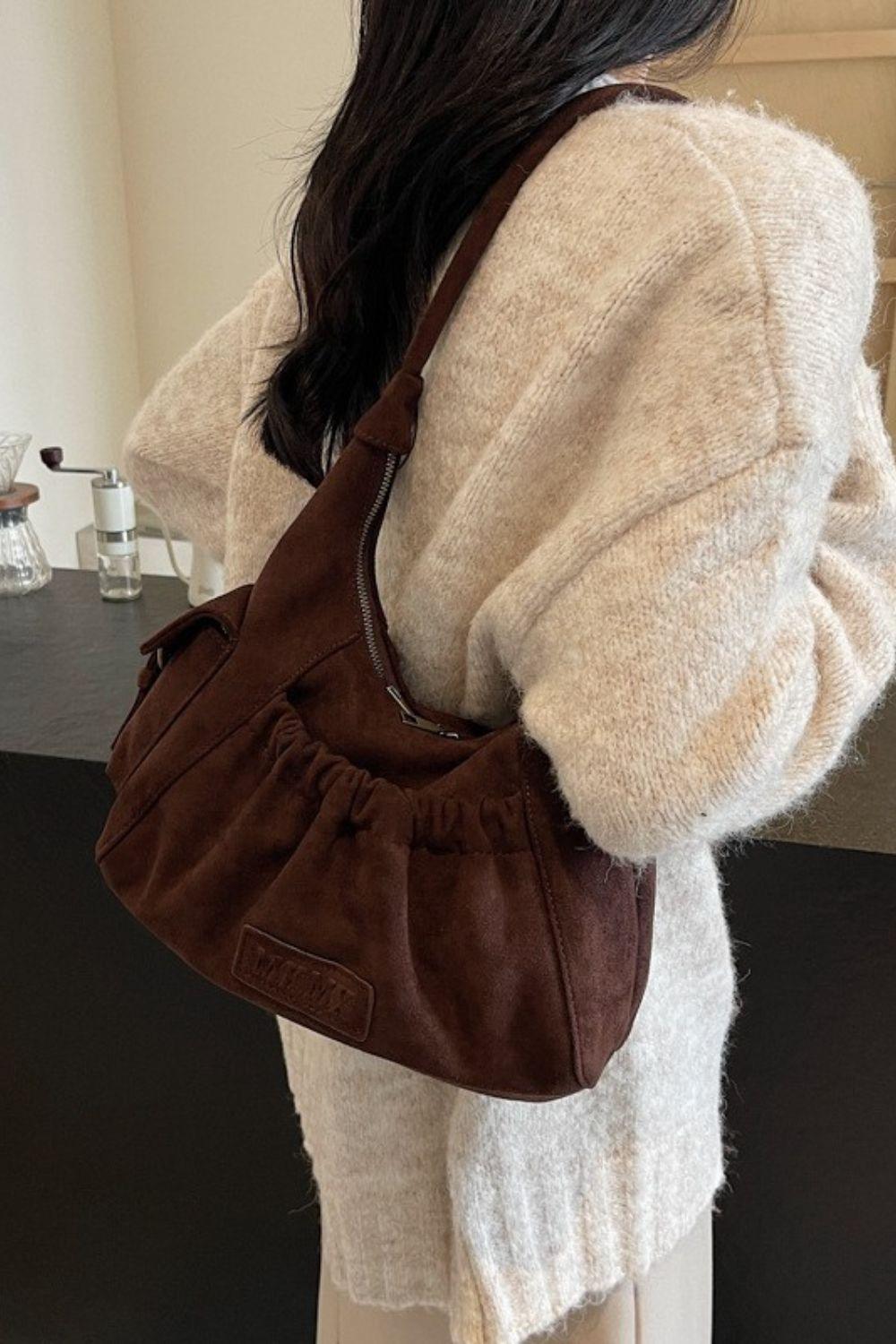 Ruched Suede Handbag with Zipper - Clothes For Her Online Store