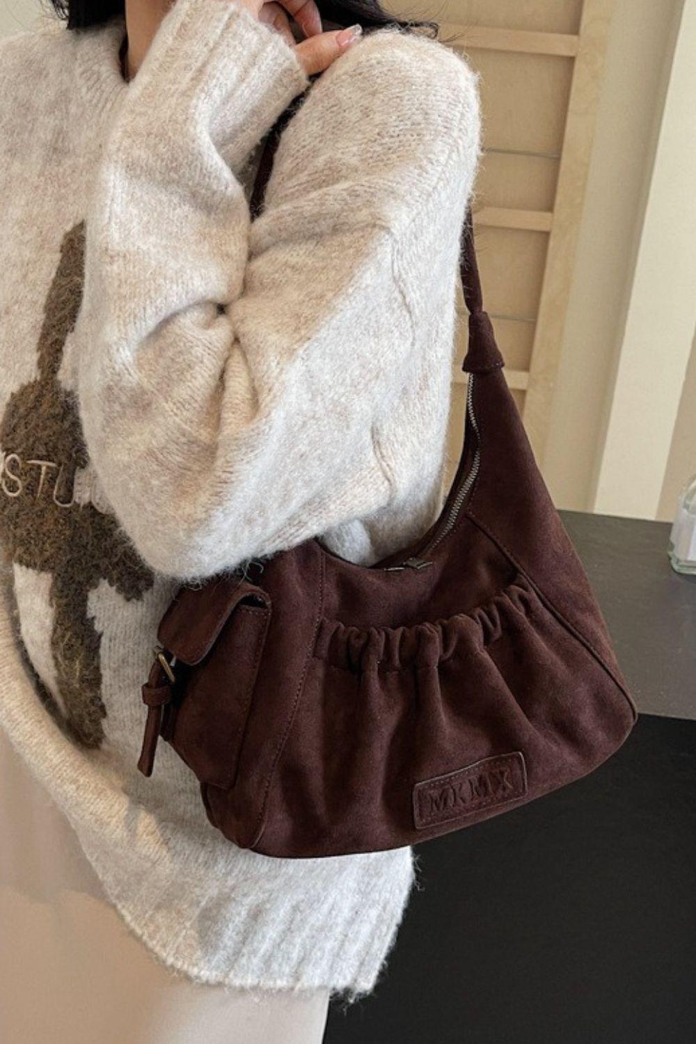 Ruched Suede Handbag with Zipper - Clothes For Her Online Store