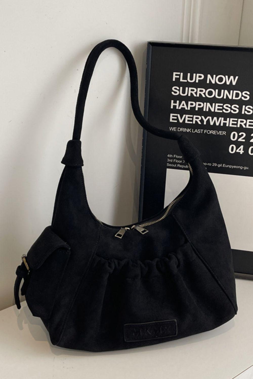 Ruched Suede Handbag with Zipper - Clothes For Her Online Store