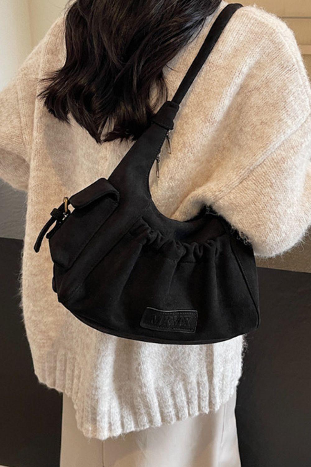 Ruched Suede Handbag with Zipper - Clothes For Her Online Store