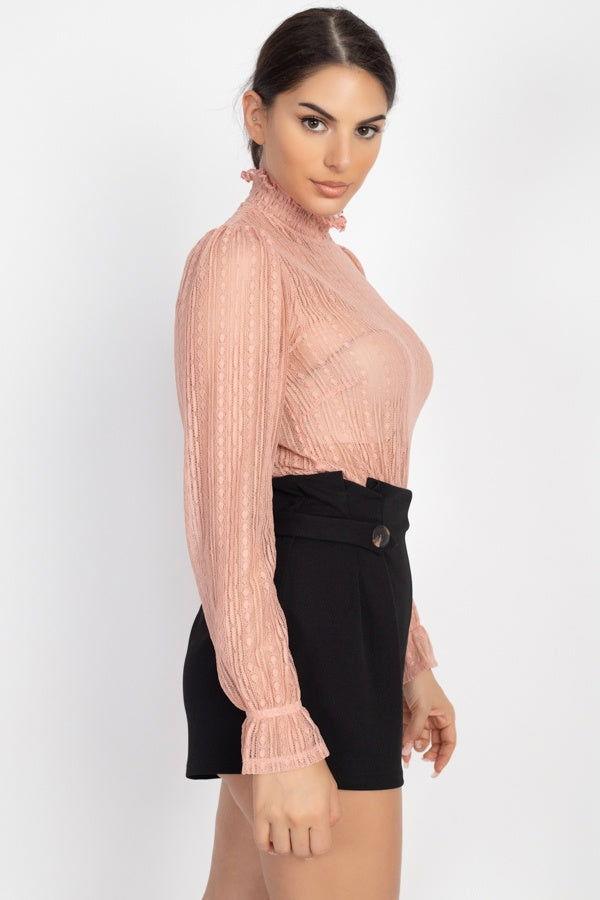 Ruffle Mock Neck Lace Top - Clothes For Her Online Store