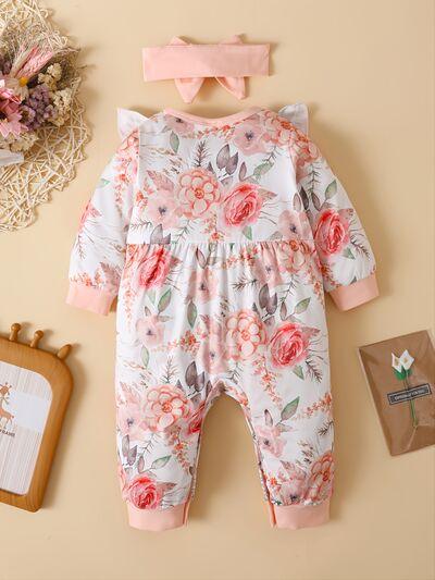 Ruffled Floral Round Neck Jumpsuit with Headband - Clothes For Her Online Store