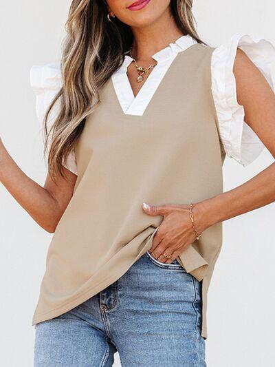 Ruffled Notched Cap Sleeve Top - Clothes For Her Online Store
