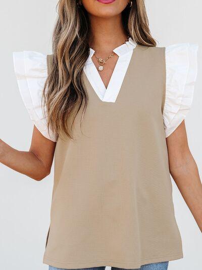 Ruffled Notched Cap Sleeve Top - Clothes For Her Online Store