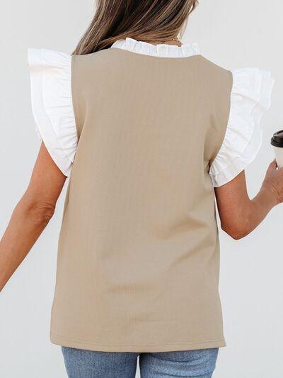 Ruffled Notched Cap Sleeve Top - Clothes For Her Online Store