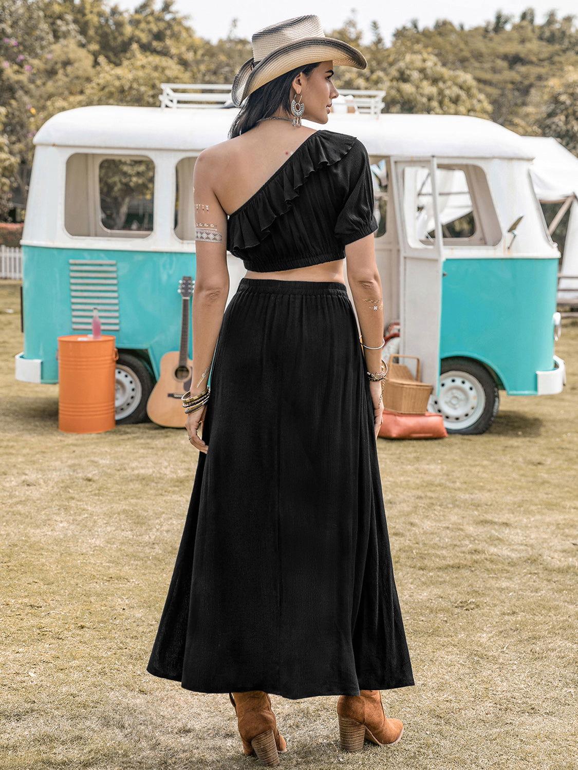 Ruffled Single Shoulder Top and Slit Skirt Set - Clothes For Her Online Store