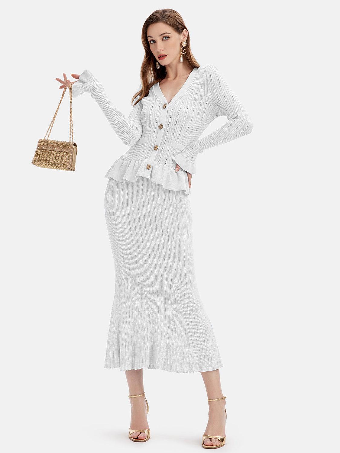 Ruffled V-Neck Top and Midi Skirt Sweater Set - Clothes For Her Online Store