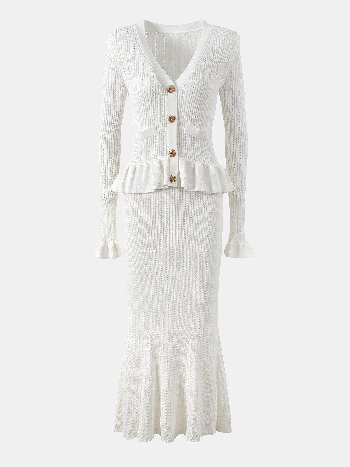 Ruffled V-Neck Top and Midi Skirt Sweater Set - Clothes For Her Online Store