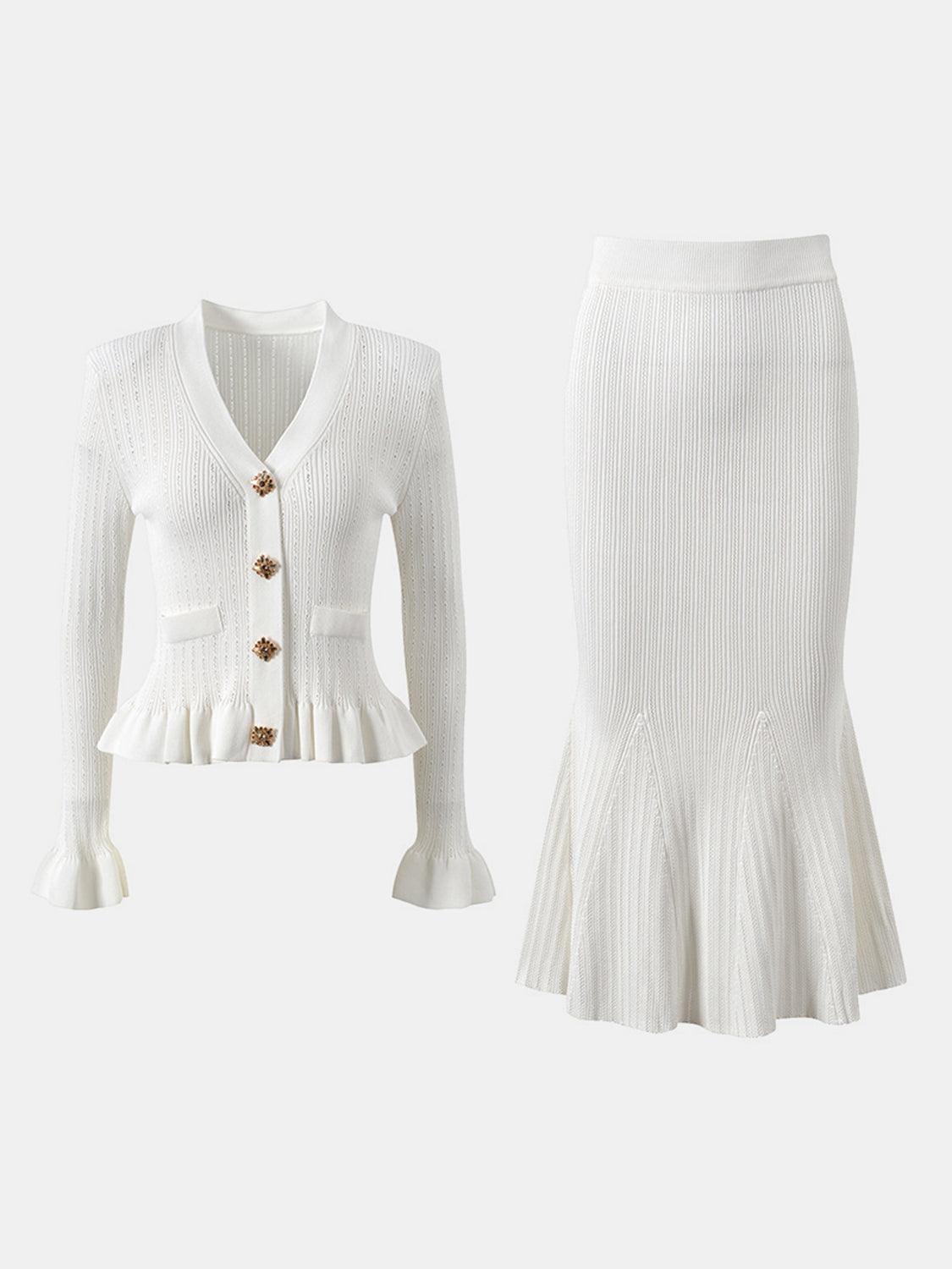 Ruffled V-Neck Top and Midi Skirt Sweater Set - Clothes For Her Online Store