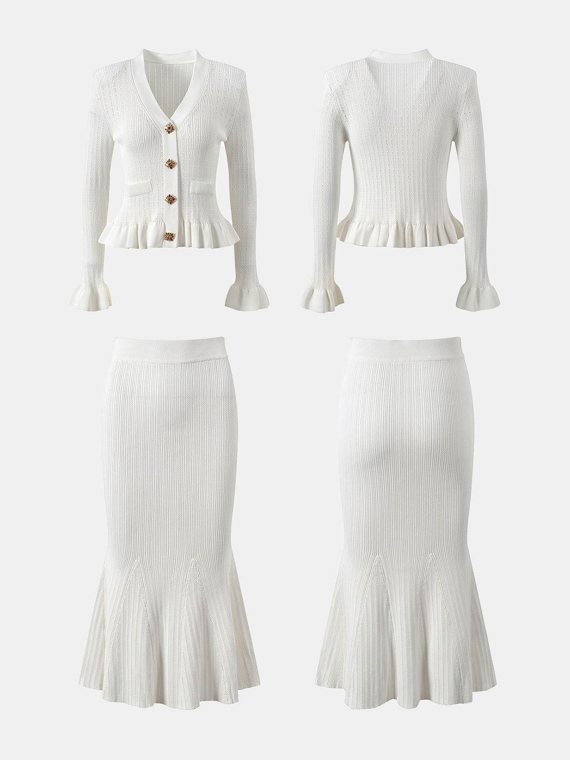 Ruffled V-Neck Top and Midi Skirt Sweater Set - Clothes For Her Online Store