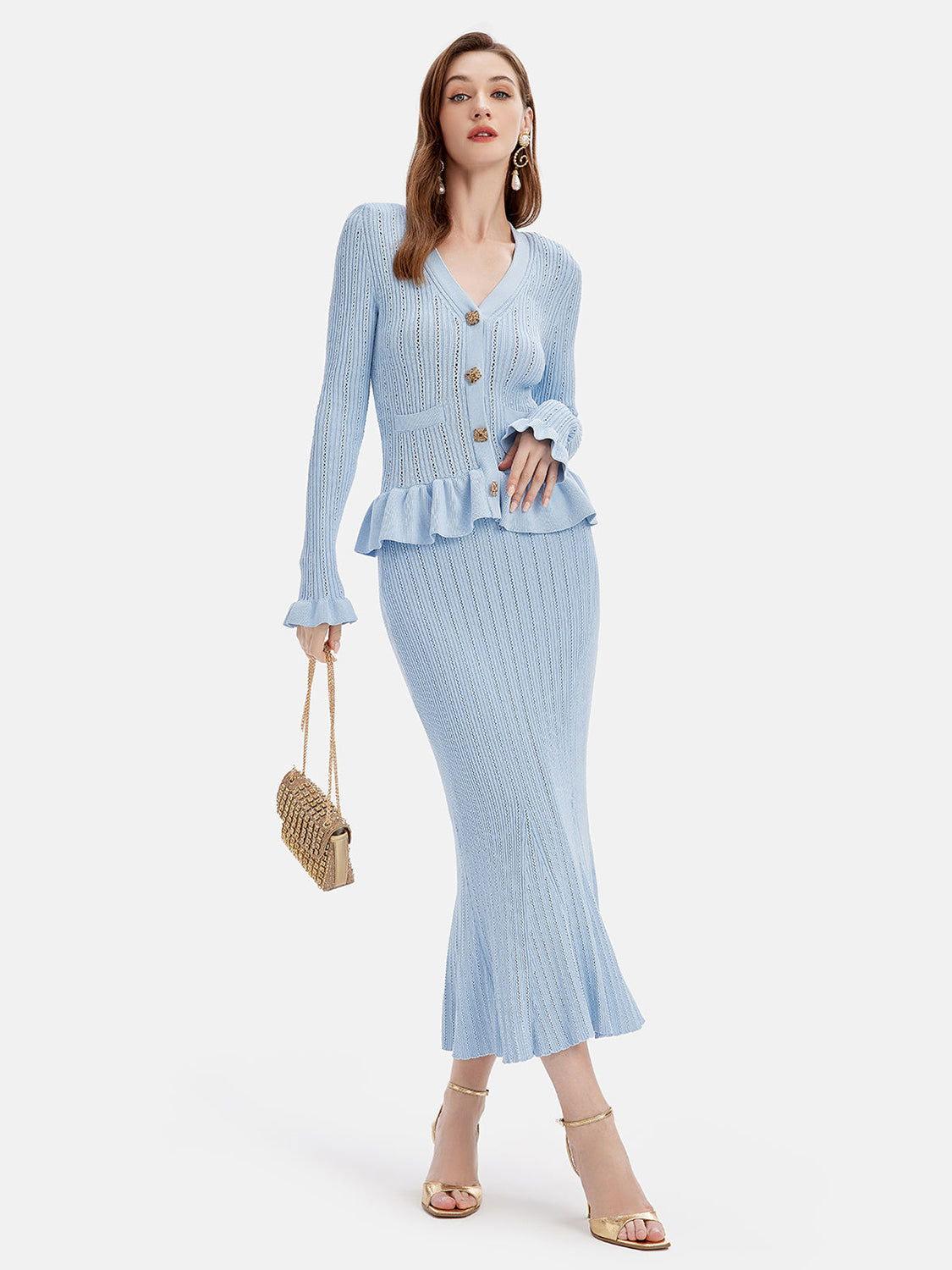 Ruffled V-Neck Top and Midi Skirt Sweater Set - Clothes For Her Online Store