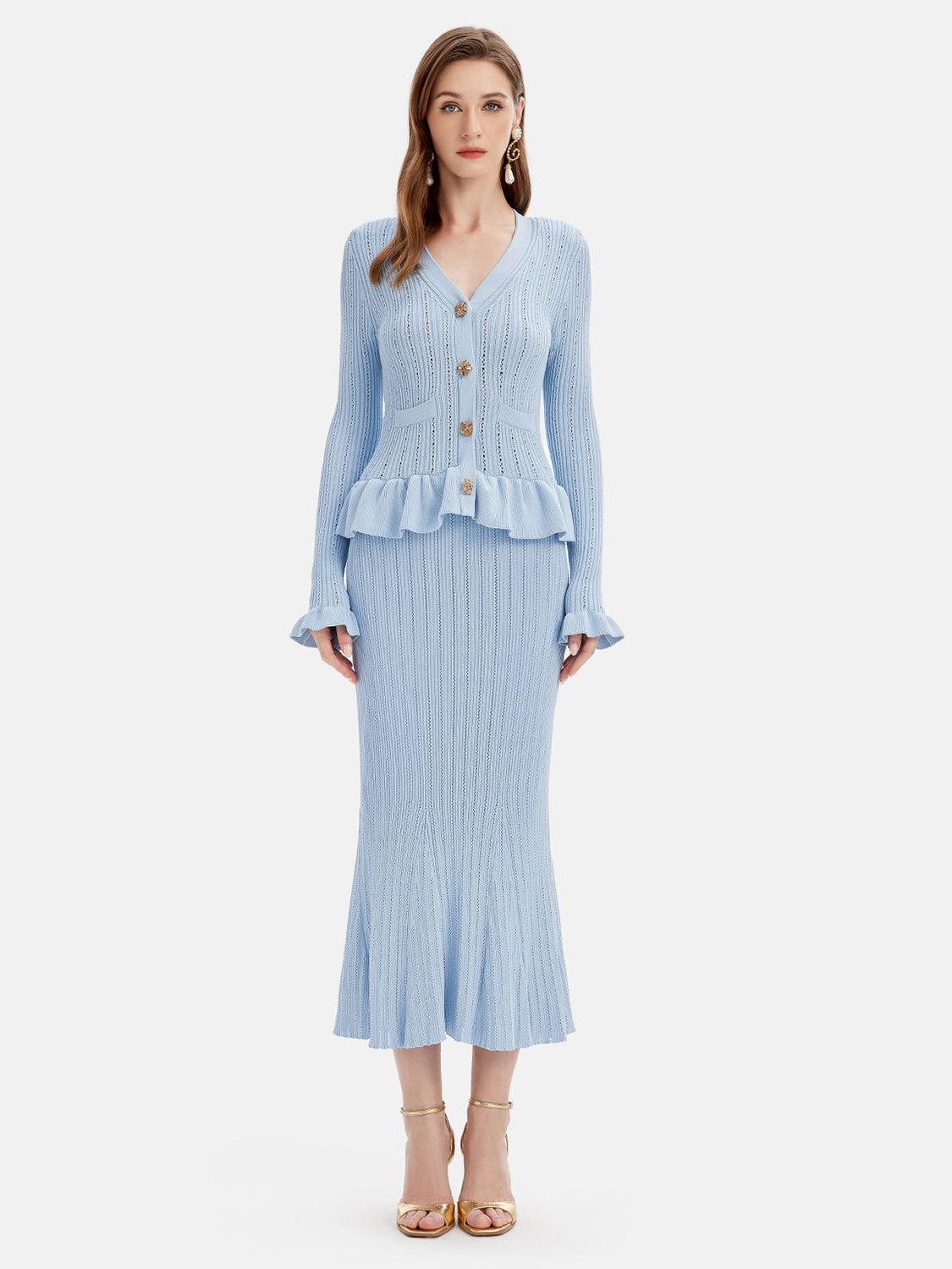 Ruffled V-Neck Top and Midi Skirt Sweater Set - Clothes For Her Online Store