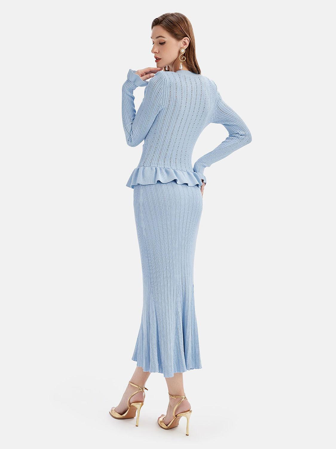 Ruffled V-Neck Top and Midi Skirt Sweater Set - Clothes For Her Online Store