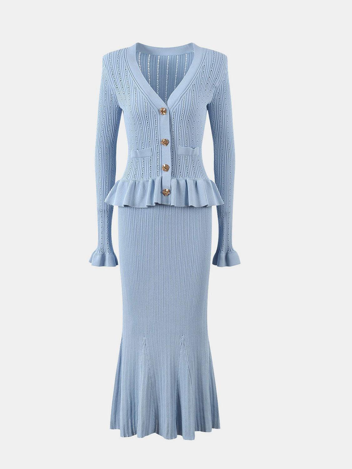 Ruffled V-Neck Top and Midi Skirt Sweater Set - Clothes For Her Online Store