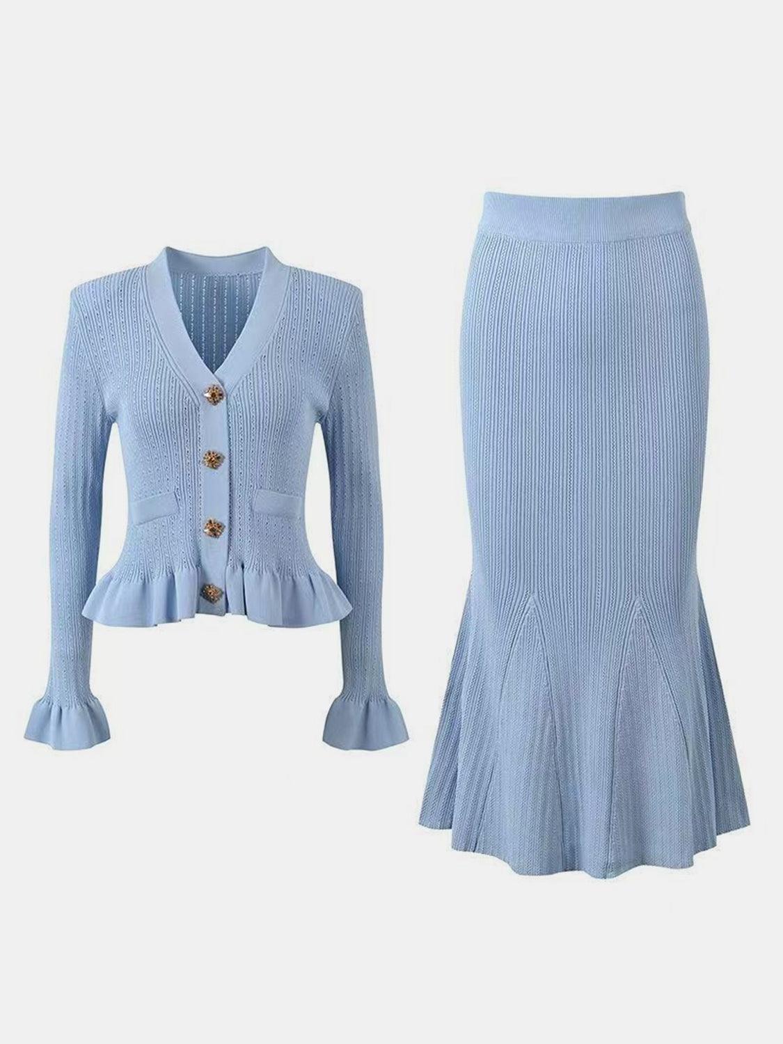 Ruffled V-Neck Top and Midi Skirt Sweater Set - Clothes For Her Online Store