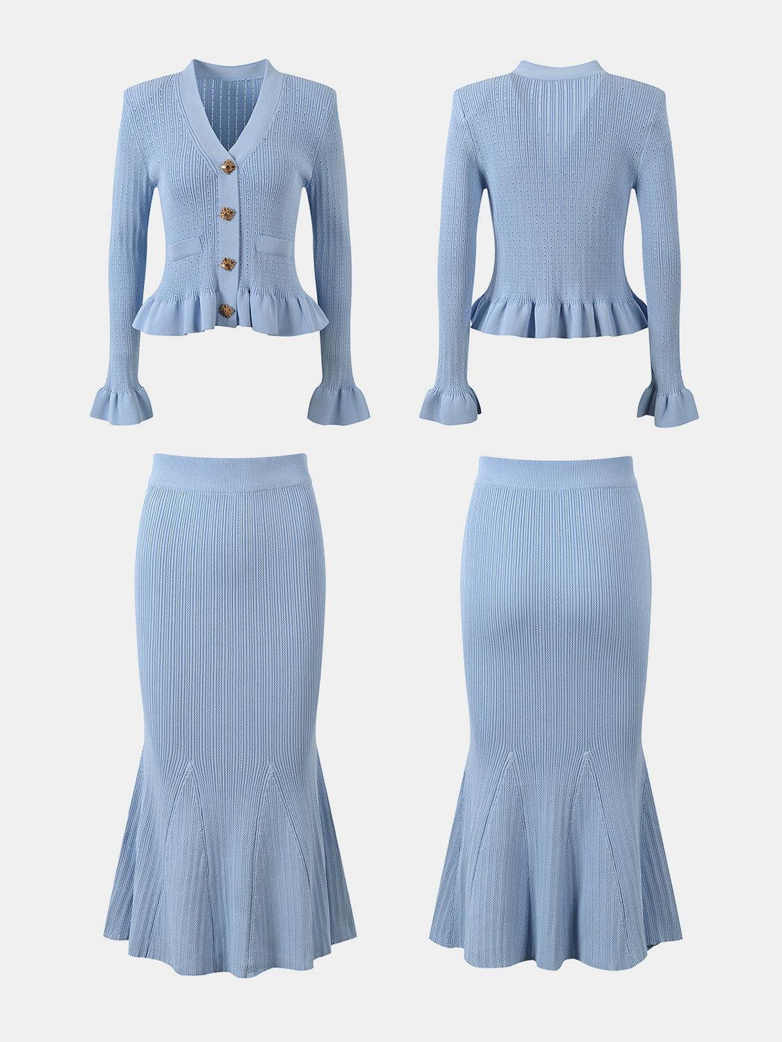 Ruffled V-Neck Top and Midi Skirt Sweater Set - Clothes For Her Online Store