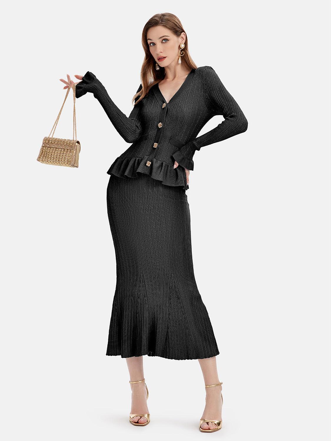 Ruffled V-Neck Top and Midi Skirt Sweater Set - Clothes For Her Online Store
