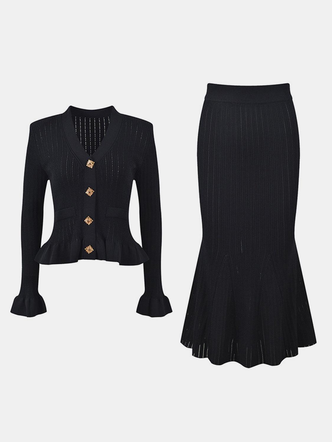 Ruffled V-Neck Top and Midi Skirt Sweater Set - Clothes For Her Online Store