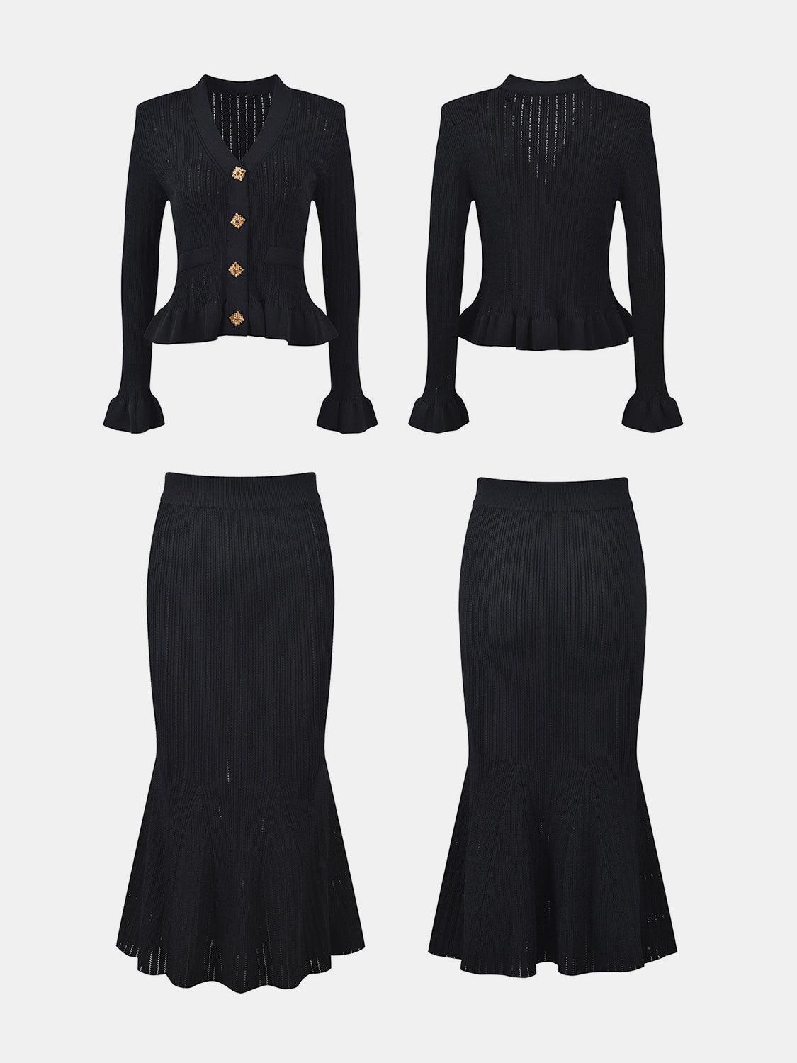 Ruffled V-Neck Top and Midi Skirt Sweater Set - Clothes For Her Online Store