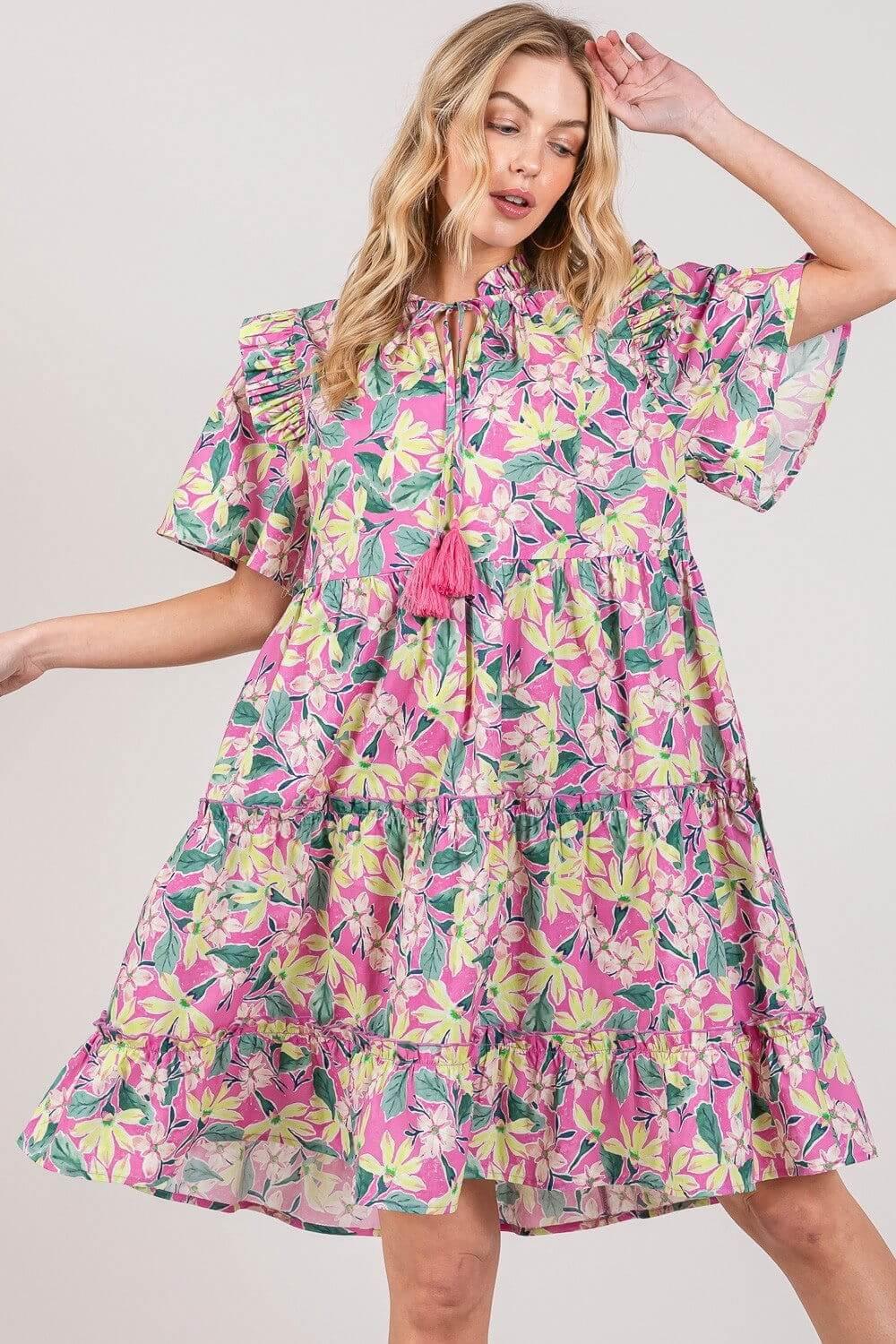 SAGE + FIG Floral Ruffle Short Sleeve Dress - Clothes For Her Online Store