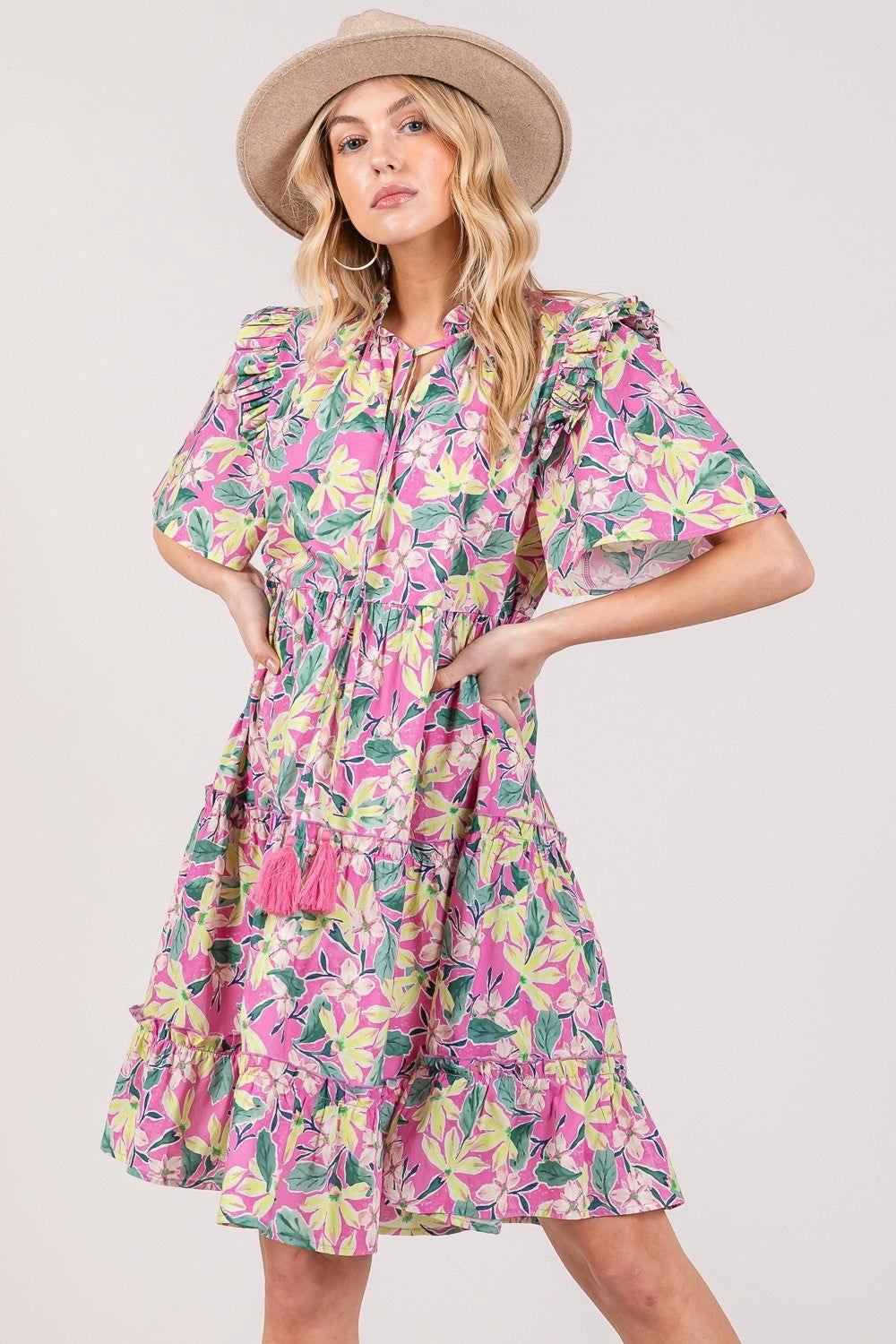 SAGE + FIG Floral Ruffle Short Sleeve Dress - Clothes For Her Online Store