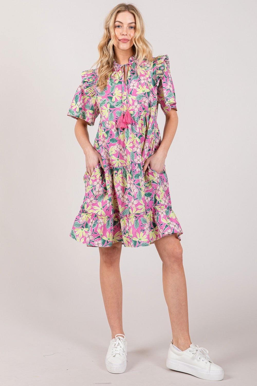 SAGE + FIG Floral Ruffle Short Sleeve Dress - Clothes For Her Online Store