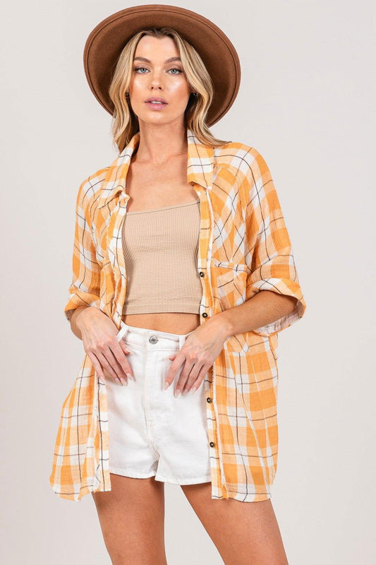 SAGE + FIG Plaid Button Up Side Slit Shirt - Clothes For Her Online Store